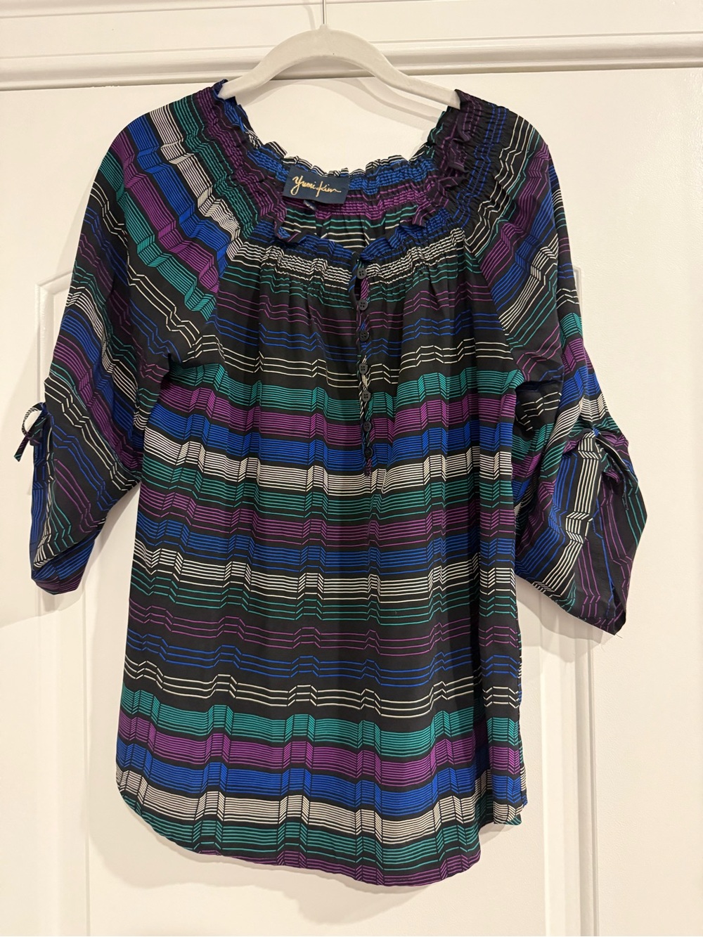 Yumi Kim Striped Peasant Blouse in Black, Blue, Teal, Purple